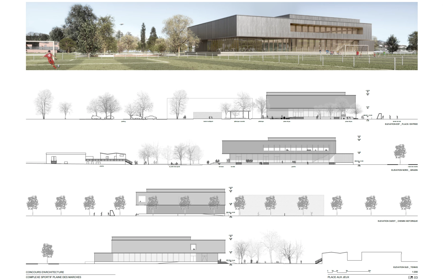 Competition for a multi-sports hall, gym in Fribourg, Geneva architects, corpus architecture urbanisme