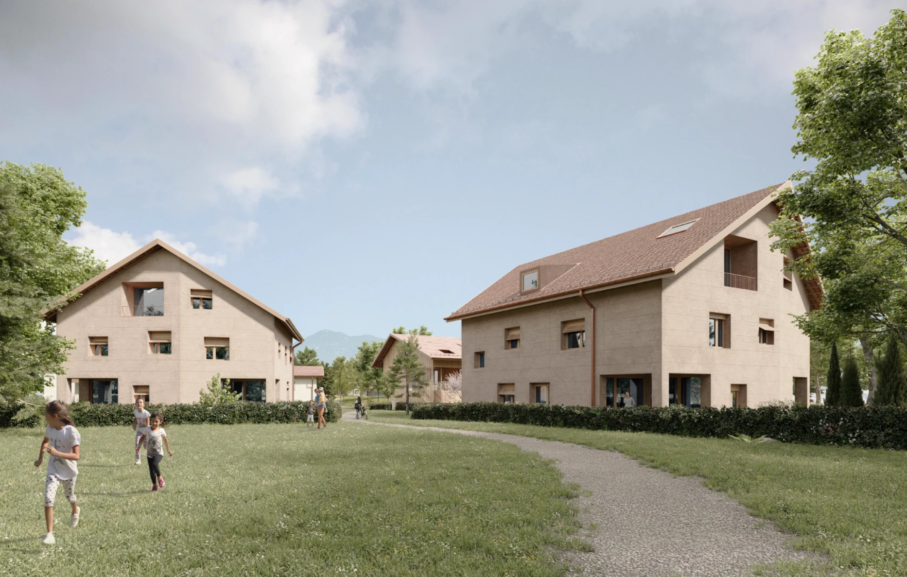 Construction de 2 immeubles d'habitation et une maison en plein centre d'un village, Bureau d'architecte à Genève, corpus architecture urbanisme