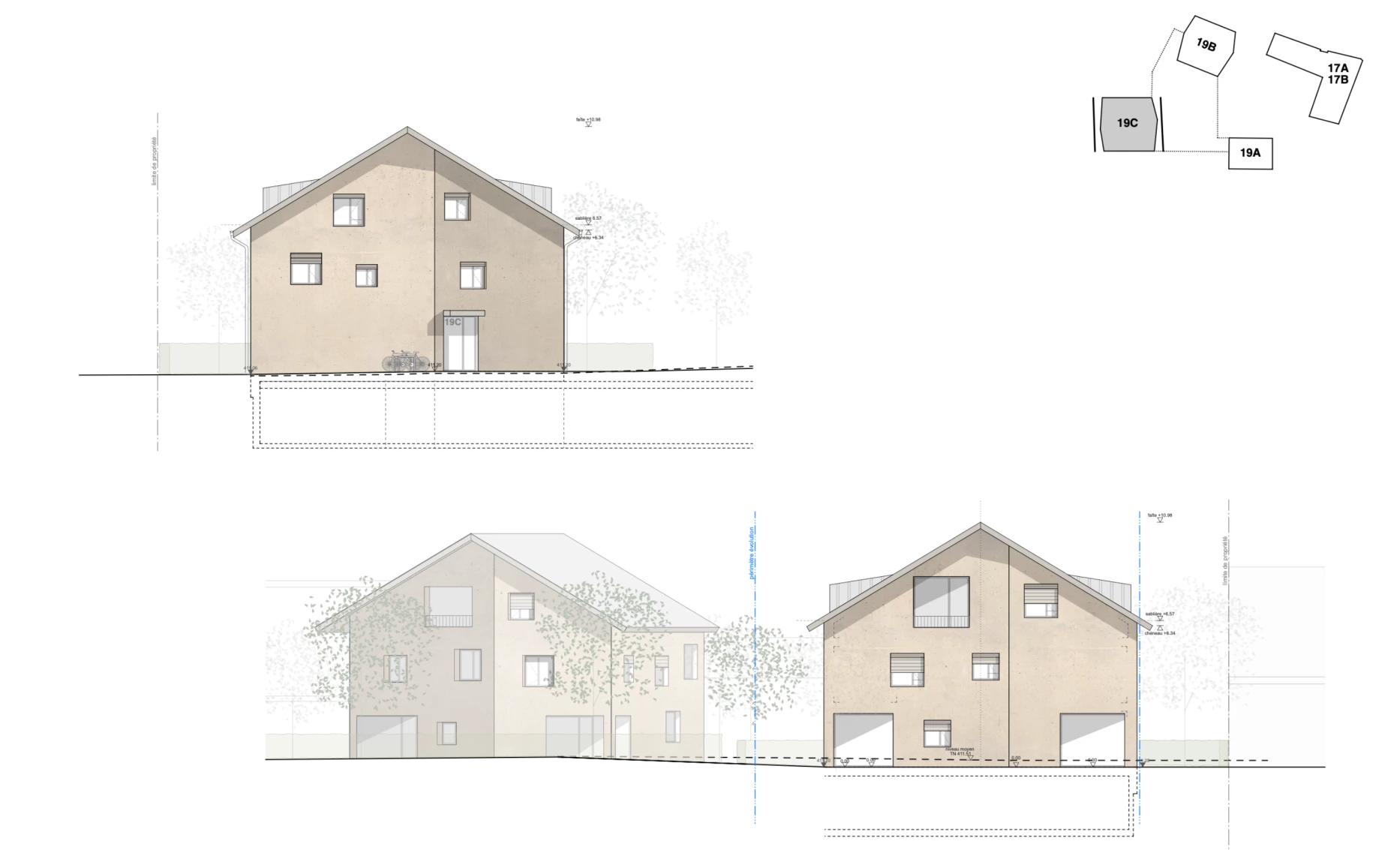 Construction de 2 immeubles d'habitation et une maison en plein centre d'un village, Bureau d'architecte à Genève, corpus architecture urbanisme