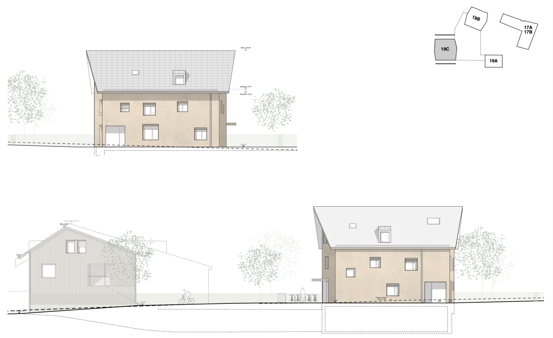 Construction de 2 immeubles d'habitation et une maison en plein centre d'un village, Bureau d'architecte à Genève, corpus architecture urbanisme