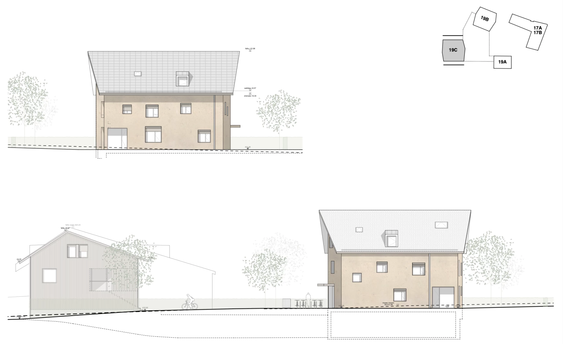 Construction de 2 immeubles d'habitation et une maison en plein centre d'un village, Bureau d'architecte à Genève, corpus architecture urbanisme