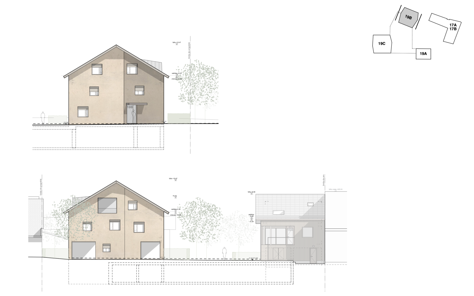 Construction de 2 immeubles d'habitation et une maison en plein centre d'un village, Bureau d'architecte à Genève, corpus architecture urbanisme