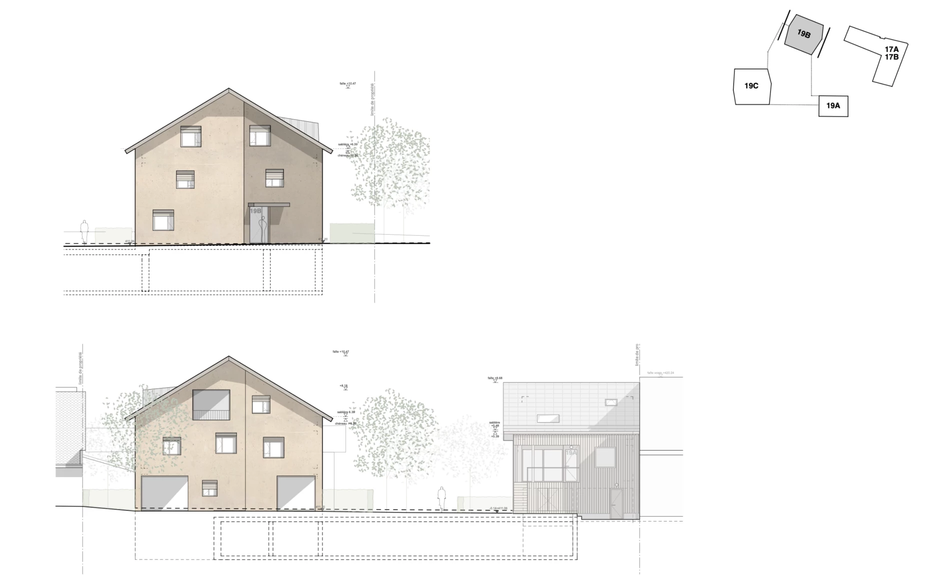Construction de 2 immeubles d'habitation et une maison en plein centre d'un village, Bureau d'architecte à Genève, corpus architecture urbanisme
