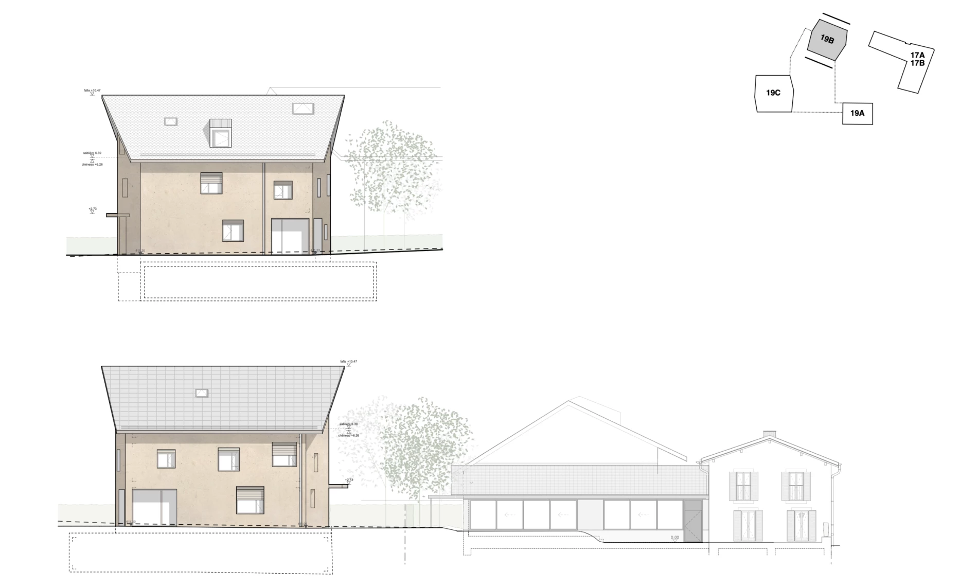 Construction de 2 immeubles d'habitation et une maison en plein centre d'un village, Bureau d'architecte à Genève, corpus architecture urbanisme