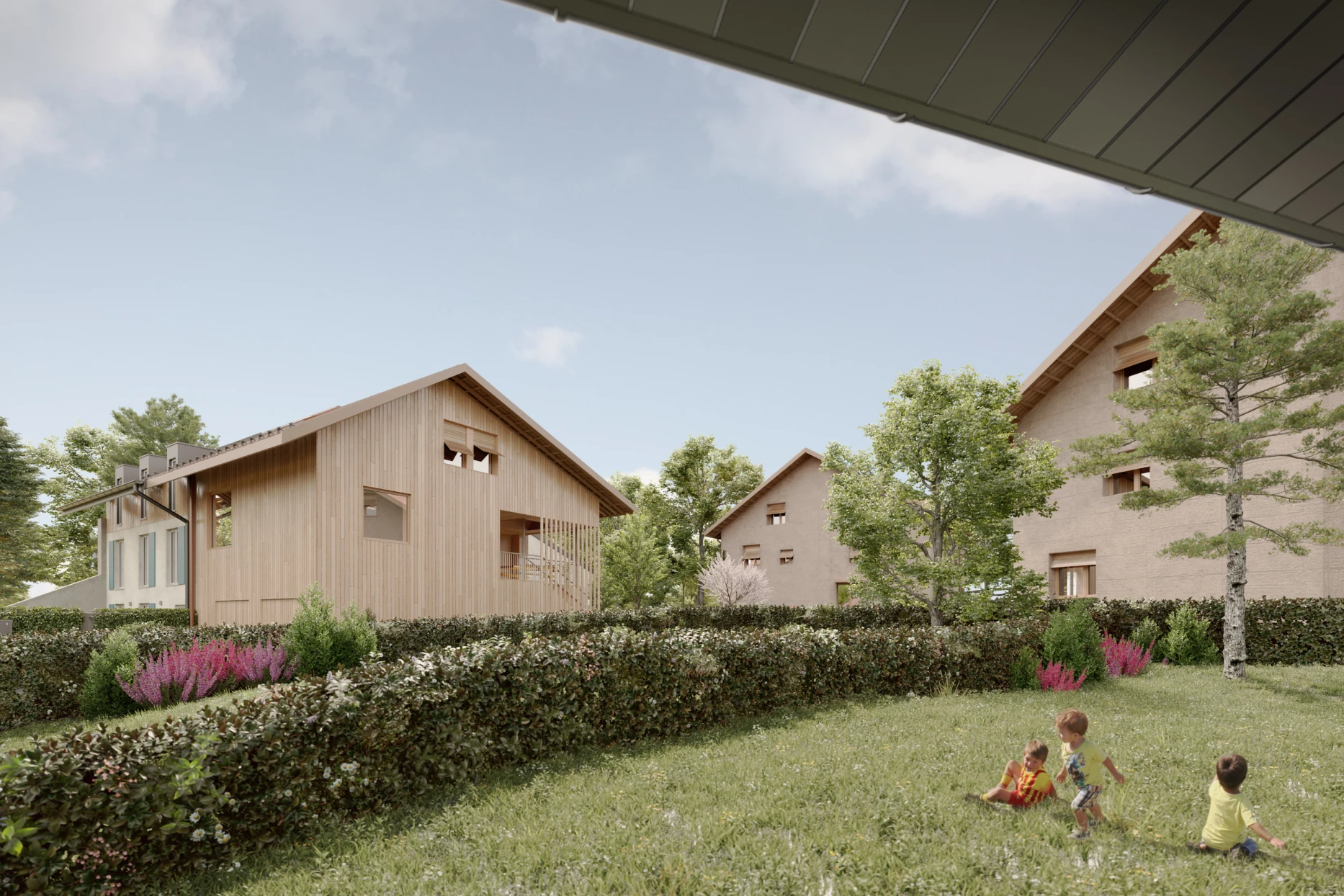 Construction de 2 immeubles d'habitation et une maison en plein centre d'un village, Bureau d'architecte à Genève, corpus architecture urbanisme