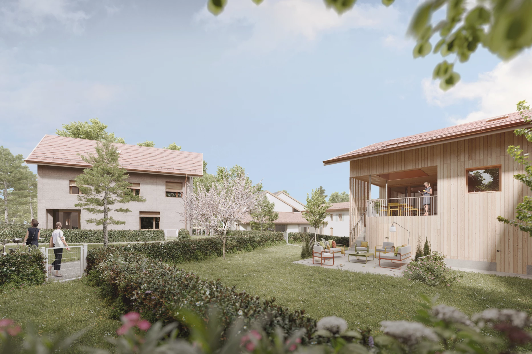 Construction de 2 immeubles d'habitation et une maison en plein centre d'un village, Bureau d'architecte à Genève, corpus architecture urbanisme